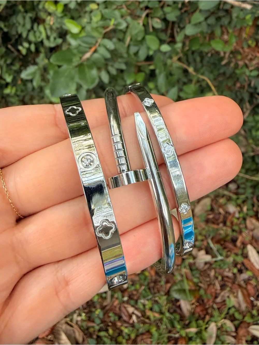 Nail Motif Bangle Bracelet Set of 3 Silver